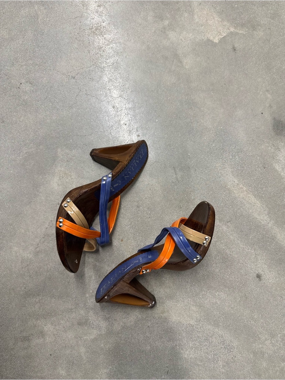 Italian Shoemakers Brown Heeled Sandals with Blue, Orange & Tan Straps